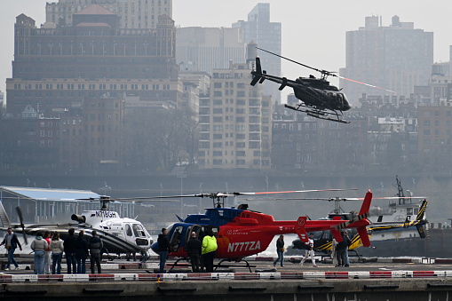 New York City, United States, April 6, 2023 - A Bell 407 helicopter \