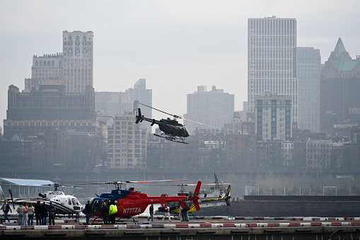 New York City, United States, April 6, 2023 - A Bell 407 helicopter \