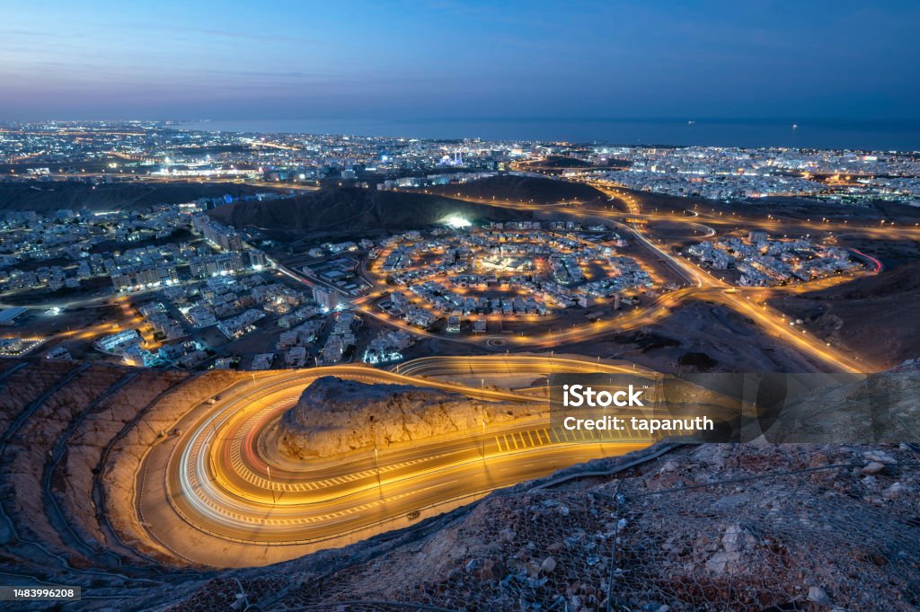 Aerial view of Muscat, Oman at night Oman Stock Photo