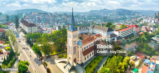 Aerial View Outside Cathedral Chicken In Da Lat Vietnam On A Morning Stock Photo - Download Image Now