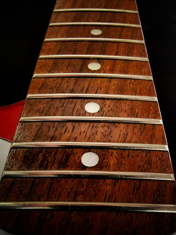 close up shot of fingerboard guitar , rosewood fingerboard with dot mark, no string