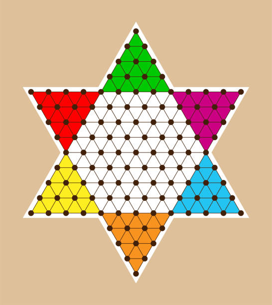 Chinese Checkers Board Template Printable Vector This vector illustration is a printable template of a Chinese Checkers board. The board features a hexagonal shape with a star-shaped pattern in the center and six triangular sections for each player's marbles. The board is designed with clear and distinct lines for easy gameplay and can be used for both traditional and modern variations of the game. chinese checkers stock illustrations