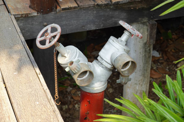 Old red fire hydrant on the garden.Tap water for water supply.