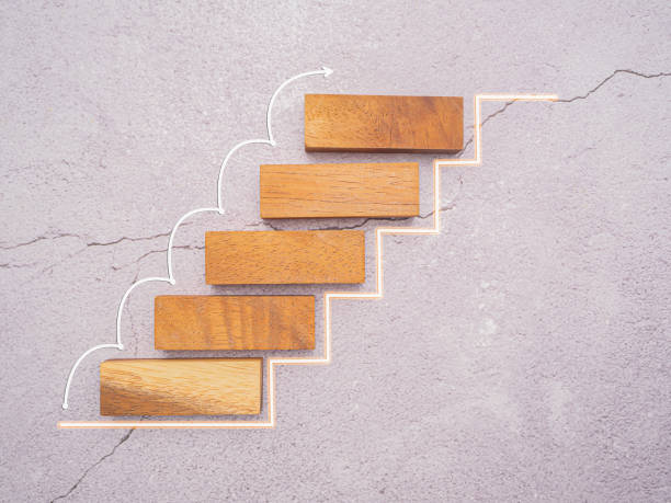 istock Wooden blocks stair with white line effect on cement floor background. 1484013937