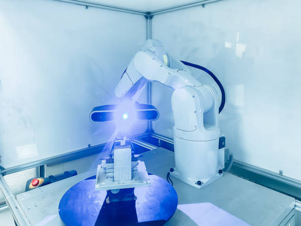 istock Automated 3D laser scan, engineering measuring on a robot arm for industrial manufacturing 1484014856