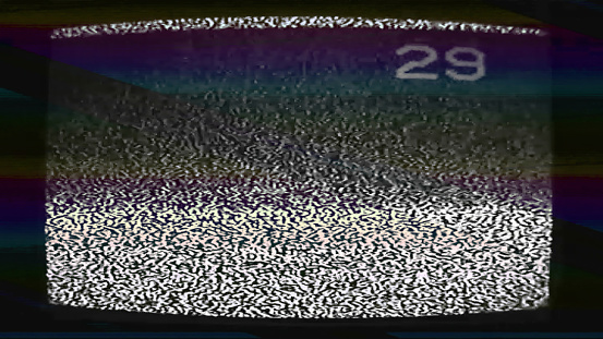 Old TV screen glitch static noise. Channel distortion. Black white purple green color analog grain texture on retro CRT television display illustration.