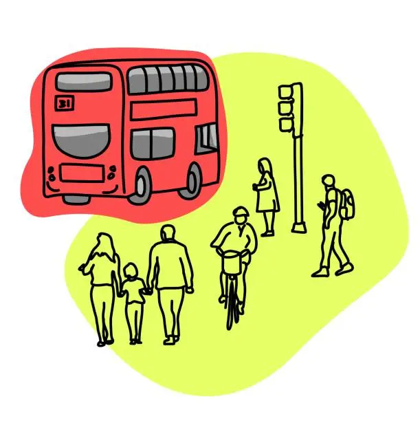 Vector illustration of Double Decker Bus Along London Streets Sketch Color