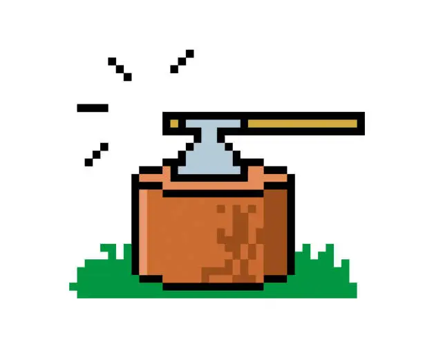 Vector illustration of Pixel axe and log