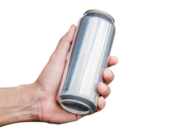 istock Hand hold mockup shiny aluminum slim can isolated on white background with clipping path 1484023367