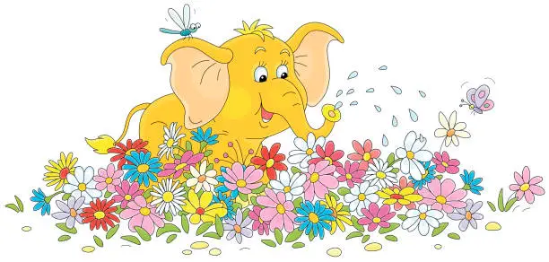 Vector illustration of Happy baby elephant watering colorful flowers