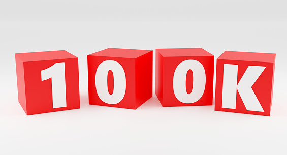 Sign 100k online internet media blog followers 3D render illustration on red cubes