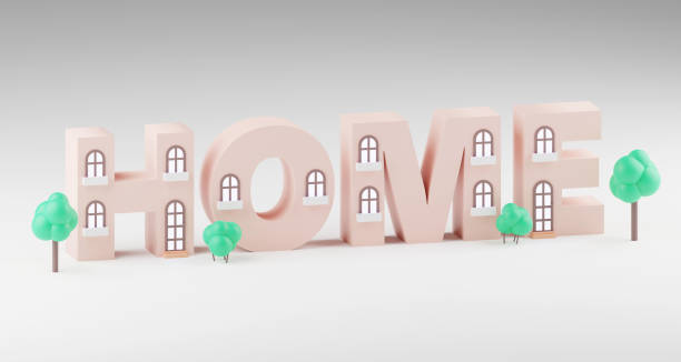 istock 3d alphabet letters shape made of tiny house on grey background, 3d render, sign Home 1484027529