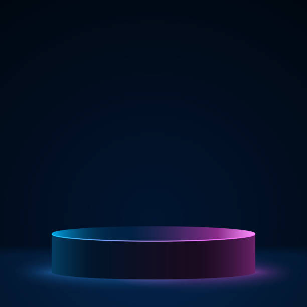 istock 3d empty podium with purple and blue backlight for display your brand. Night glowing scene for presentation. Vector illustration 1484030393
