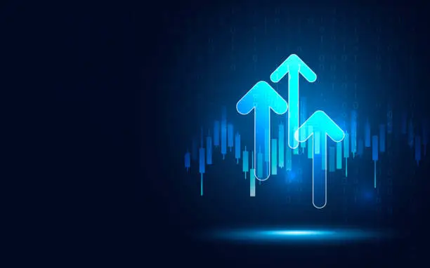 Vector illustration of Futuristic raised triple-up arrow chart with candlesticks digital transformation abstract technology background. Big data and business growth currency stock and investment economy. Vector illustration