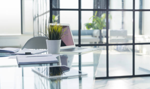 istock Stylish workspace with laptop, office supplies. Desk work concept. 1484036854