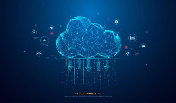 ilustrações de stock, clip art, desenhos animados e ícones de cloud computing icon on low polygonal style for technology cloud computing for data transmission, database, data storage, and backup. networking and internet service concept. - computer storage compartment connection order