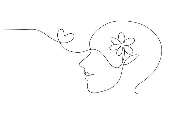 непрерывная линия искусства человека с цветком внутри символа головы и сердца человека, векторная иллюстрация lineart. - vector women flower beautiful stock illustrations