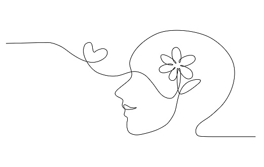 Continuous line art of a person with a flower inside human head and heart symbol, lineart vector illustration.