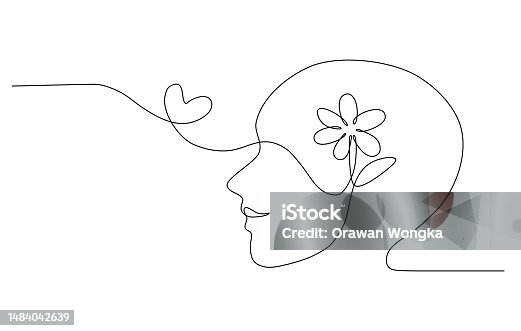 istock Continuous line art of a person with a flower inside human head and heart symbol, lineart vector illustration. 1484042639