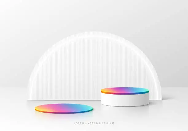 Vector illustration of 3D LGBTQ background with realistic white, colorful cylinder podium. Pride rainbow color in semi circle wall scene. Minimal mockup empty product display. Abstract vector 3D rendering. Stage showcase.