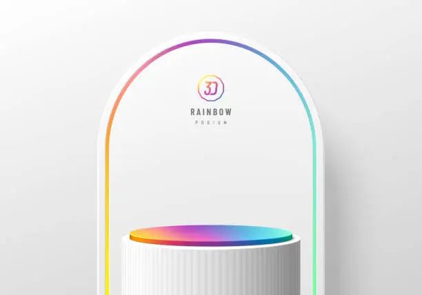 Vector illustration of 3D background with realistic white, rainbow colorful cylinder stand podium and arch wall scene. LGBTQ minimal mockup product display. Abstract geometric platforms. Stage showcase. 3D vector rendering.