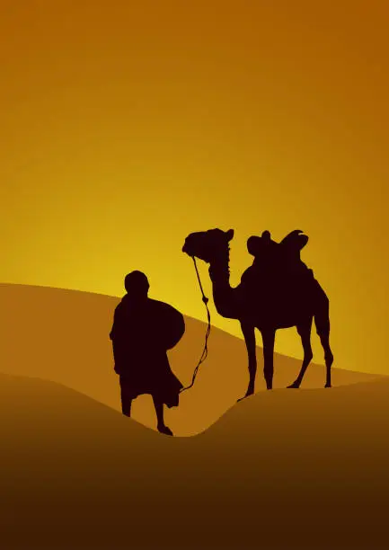 Vector illustration of caravan in the desert, sunset background. Vector poster camel and bedouin in the Sahara