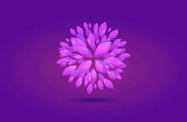 Vector illustration of Blooming abstract flower on a purple background. Vector illustration with copy space, spring concept card