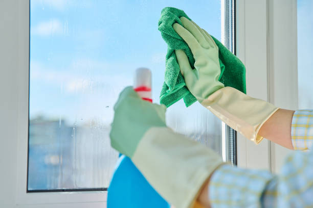 istock Close-up woman cleaning windows at home using spray and microfiber cloth 1484045095