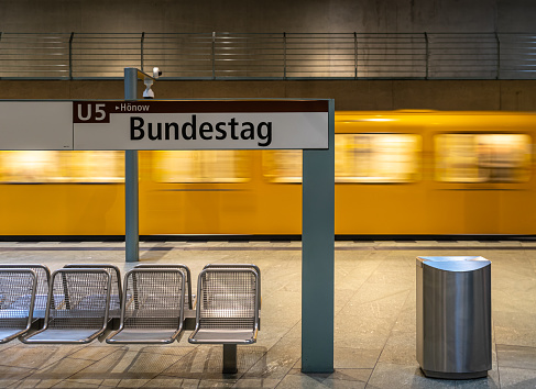 Blurred Motion Of Arriving Subway Train At Subway Station, Berlin Bundestag
