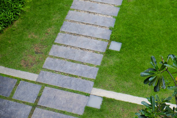 istock Cement pathway on grenn meadow grass to view copy space 1484049545