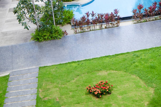 istock Cement pathway on grenn meadow grass to view copy space 1484049571