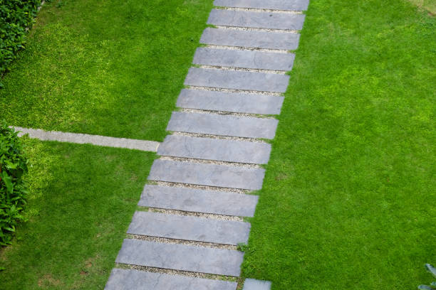 istock Cement pathway on grenn meadow grass to view copy space 1484049586