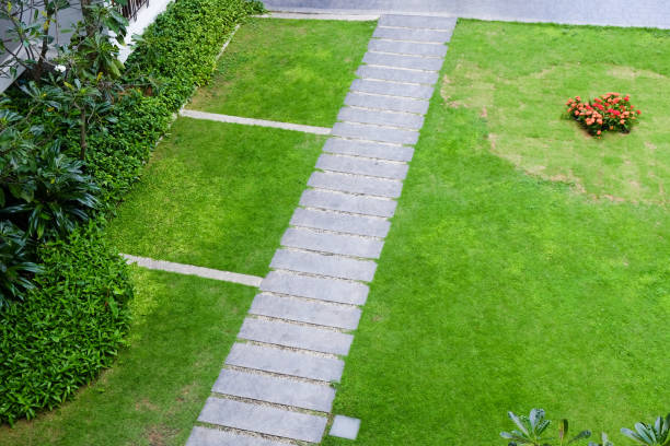 istock Cement pathway on grenn meadow grass to view copy space 1484049599