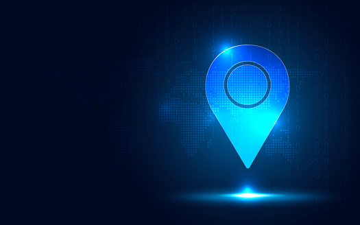 Location pin icon on blue background with copy space. Sharing location and Business database concept. Big data theme. New futuristic digital system technology sign and symbol. Vector illustration.