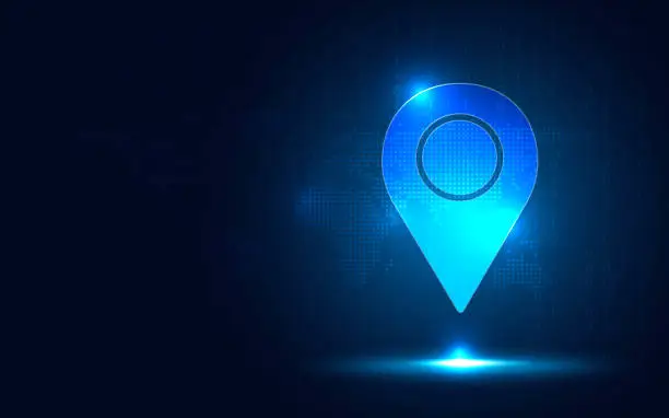 Vector illustration of Location pin icon on blue background with copy space. Sharing location and Business database concept. Big data theme. New futuristic digital system technology sign and symbol. Vector illustration.