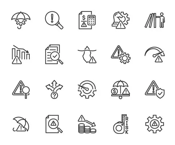 Vector illustration of Vector set of risk management line icons. Contains icons risk analysis, loss minimization, investment plan, management decision, risk assessment, audit and more. Pixel perfect.