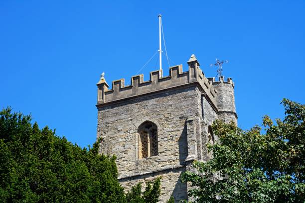 Sidmouth Parish church tower, Sidmouth. View of the top of the Sidmouth Parish church tower, Sidmouth, Devon, UK, Europe norman uk tree sunlight stock pictures, royalty-free photos & images