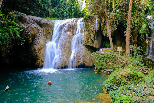 Paradise waterfall in deep  forest turquoise water Phayao Thailand