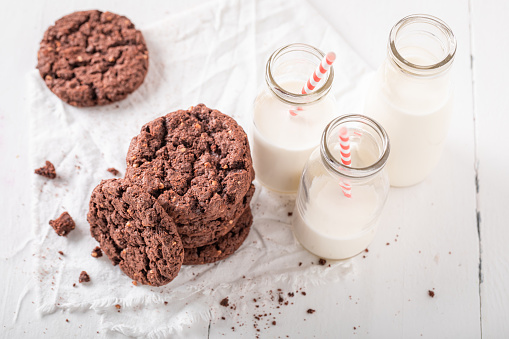Tasty brown cookies served with milk in bottle. Chocolate cookies with milk.