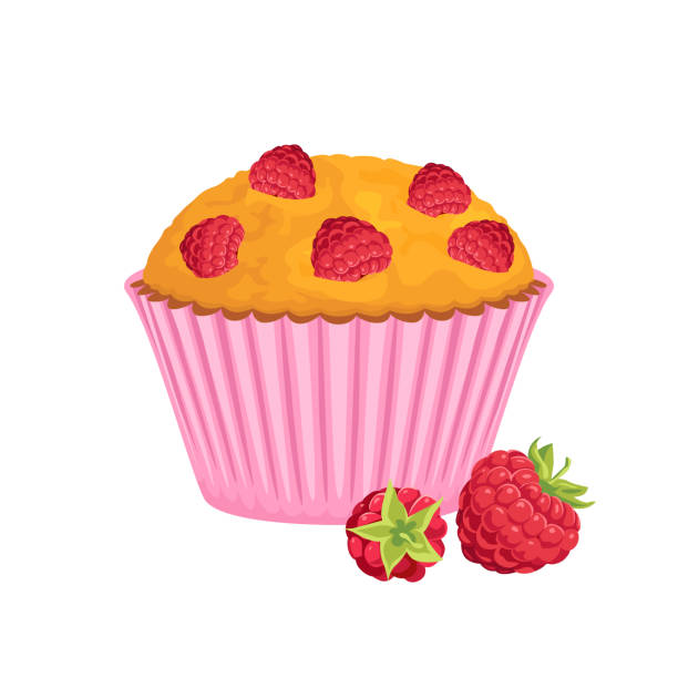 himbeermuffin in rosa papier und haufen beeren isoliert auf weiß. vektor-cartoon-illustration von frischem cupcake. - muffin cake isolated small stock-grafiken, -clipart, -cartoons und -symbole