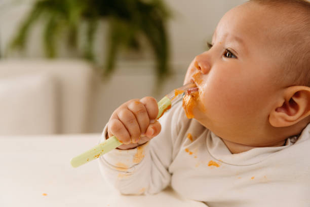 istock Cheerful Baby eating her first meal 1484055435