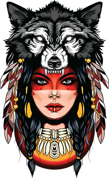 Vector illustration of Native Girl with Wolf Headdress