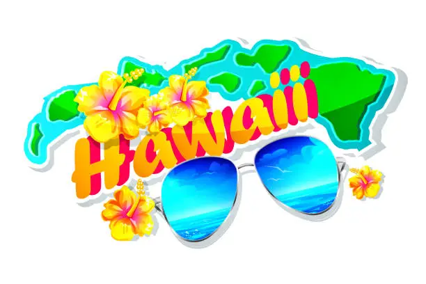 Vector illustration of Aloha Hawaii tropical holiday concept in cartoon style. Hawaiian Islands map sticker with hibiscus flowers and sunglasses on a white isolated background.