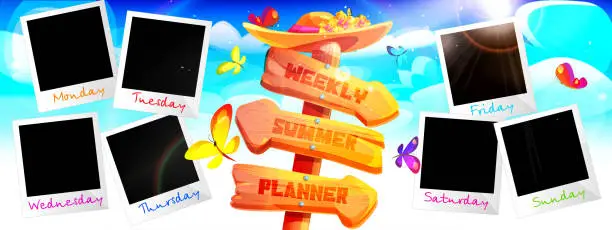 Vector illustration of Tropical beach holiday planning concept. Old wooden signboard with photo of weekly vacation planning on summer sunny background with butterflies.