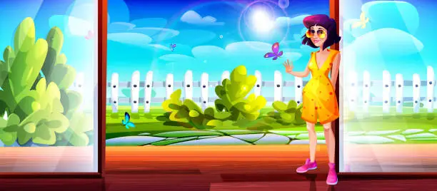 Vector illustration of Summer concept in cartoon style. A young girl goes for a walk from home on a sunny clear summer day.