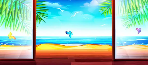 Vector illustration of Beach holiday concept in cartoon style. Summer beach house with open panoramic windows against the backdrop of a sea sunny tropical landscape with butterflies.