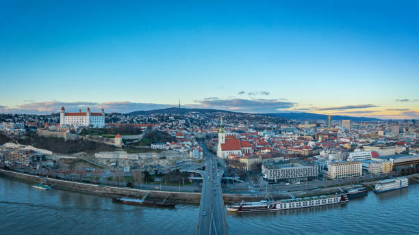 Bratislava in Slovakia. City panorama from above. Bratislava in Slovakia. City panorama from above during winter and springtime. bratislava castle bratislava castle fort stock pictures, royalty-free photos & images
