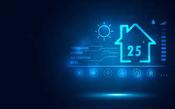 Vector illustration of Smart home temperature control futuristic security on blue abstract digital binary code and interface software background. Business technology concept. Future technology theme. Vector illustration.