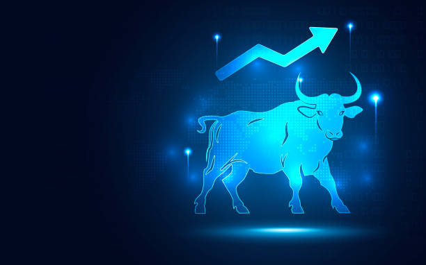 istock Futuristic glowing Bullish rising stock market blue abstract background. Increasing and success of currency value theme. Business trading financial and startup investment concept. Vector illustration 1484074547