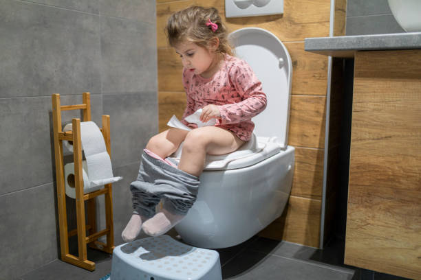 Good girl using big girl potty Little girl using toilet with adapter in modern domestic bathroom, learning independence. potty toilet child bathroom stock pictures, royalty-free photos & images